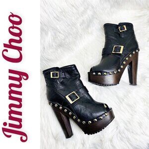 JIMMY CHOO Black Leather Studded Platform Peep Toe Biker Booties, Size 38